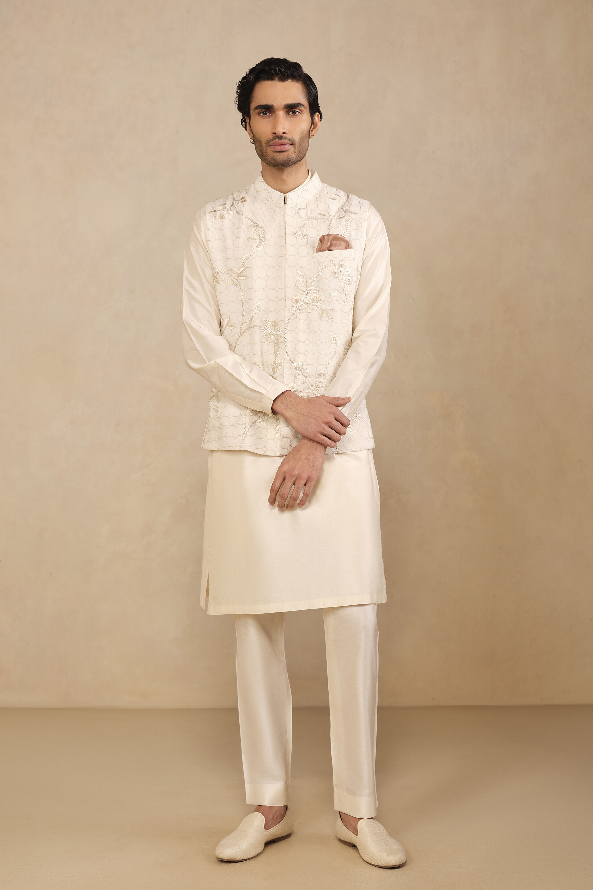 Kavish Embroidered Silk Nehru Jacket -  Off White, Off White, image 1